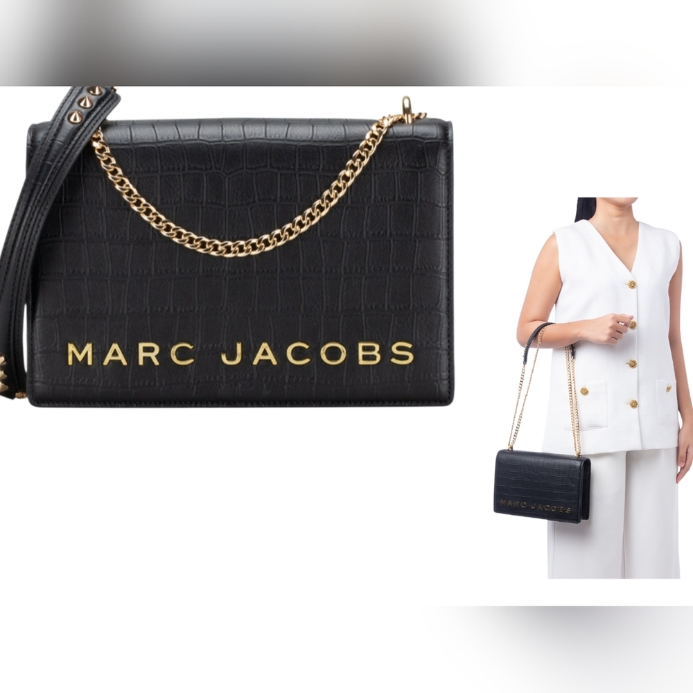 NWOT $475 Marc Jacobs Double Take Croco Leather Shoulder Bag Black Gold Chain